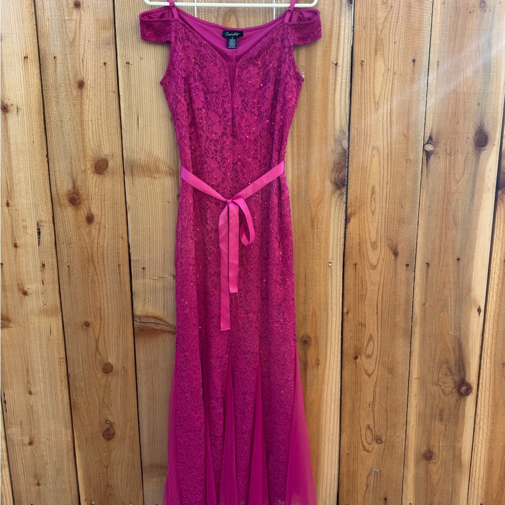 Candalite Fuchsia Lace Cold-Shoulder Prom Dress